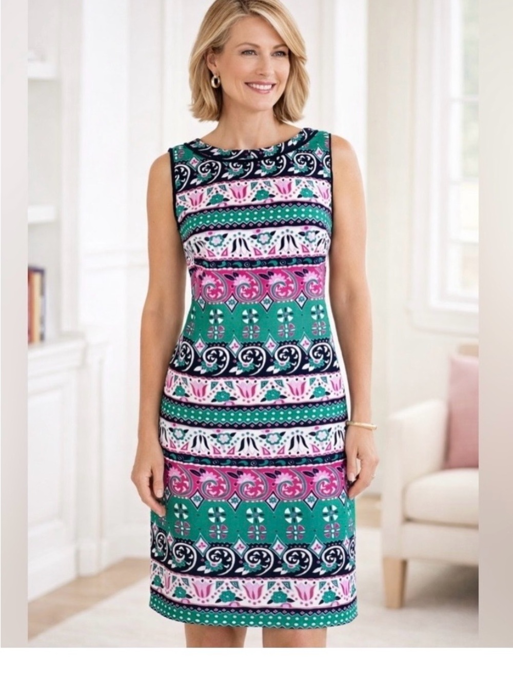 Talbots Sleeveless Patterned Sheath in Green, Pink, & Navy